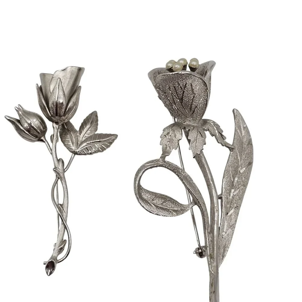 2PC Brooch SilverTone Spring Tulip Lily Floral Lapel Pin Brooch Lot Stmt Elegant